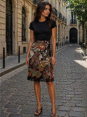 Dimri A-line Dark Paisley Skirt with Lace Hem
